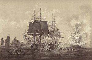 Rosyjski okręt Wsiewołod zniszczony w obecności rosyjskiej floty po akcji z HMS Implacable, dołączonym do szwedzkiej marynarki wojennej i dowodzonym przez kapitana Thomasa Byama Martina, na Bałtyku, 26 sierpnia 1808 r. (lit) autorstwa English School