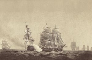 Rosyjski okręt Vsevolod rzucający swoje barwy na HMS Implacable, należący do szwedzkiej marynarki wojennej i dowodzony przez kapitana Thomasa Byama Martina, na Bałtyku, 26 sierpnia 1808 r. (litografia) autorstwa English School