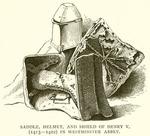 Siodło, hełm i tarcza Henryka V (1413--1422) w opactwie westminsterskim autorstwa English School