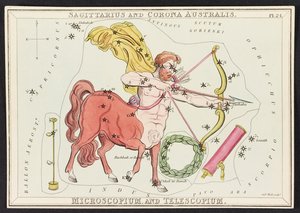 Strzelec i Corona Australis z „Zwierciadła Urania”; lub Widok niebios. [Pudełko z 32 kartami.]” autorstwa Jehoshaphata Aspina autorstwa English School