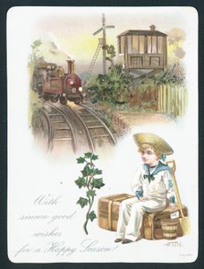 Sailor Boy czeka na pociąg, kartka świąteczna autorstwa English School