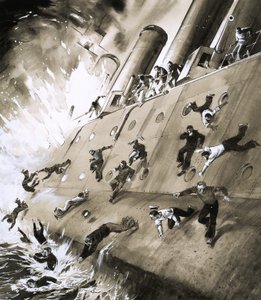 Marynarze uciekający z HMS Natal, który zapalił się w Cromarty Firth w 1915 roku autorstwa English School