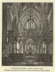 Katedra w Salisbury, chór, skierowany na wschód, ukazujący nową ambonę, ekran chóru, reredos i okna Lady Chapel autorstwa English School