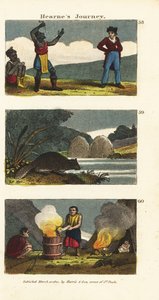Samuel Hearne ogląda indiańskiego połykacza miecza 58, północnoamerykańskiego bobra, Castor canadensis 59 i Indian gotujących wodę w drewnianej beczce z gorącymi kamieniami 60 autorstwa English School