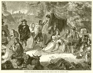 Scena w Highgate Fields podczas wielkiego pożaru Londynu, 1666 autorstwa English School
