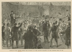 Scena w Izbie Gmin po podziale w drugim czytaniu ustawy reformatorskiej z 1866 r. autorstwa English School