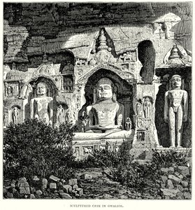 Rzeźbiona jaskinia w Gwalior (rycina) autorstwa English School