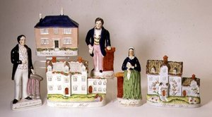 Wybór utytułowanych postaci Staffordshire: Stanfield Hall; Farma potażu; Dom Palmera; Emily Sandford; James Bloomfield Rush; William Palmer, c.1849 (ceramika) autorstwa English School
