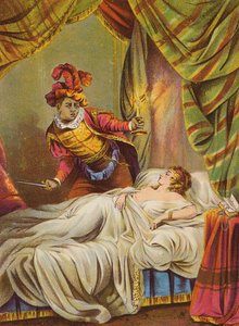 Szekspir: Otello, Desdemona w łóżku, śpi (chromolitografia) autorstwa English School