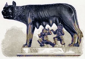 Wilczyca Kapitolu, ilustracja z Historii Rzymu autorstwa Victora Duruy, opublikowana w 1884 r. (obraz ulepszony cyfrowo) autorstwa English School