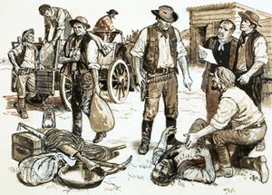 Szeryf Henry Plummer był odpowiedzialny za hurtowy rabunek i przemoc (gwasz na papierze) autorstwa English School