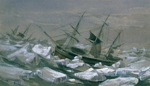 Wysyłka Jamesa Clarka Rossa ze statkami „Erebus” i „Terror” w poszukiwaniu południowego bieguna magnetycznego (olej na płótnie) autorstwa English School