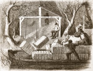 Strzelanie belami Cottina do dziobowej części parowca rzecznego Magnolia, ilustracja z The Illustrated London News, 1861 autorstwa English School