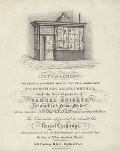 Sklep Samuel Knights, drukarz i producent ramek, 3 Sweetings Alley, Cornhill, City of London autorstwa English School