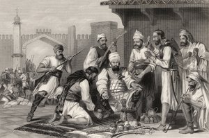 wojska sikhijskie dzielące łup zabrany buntownikom, z „Historii indyjskiego buntu” opublikowanej w 1858 r. autorstwa English School