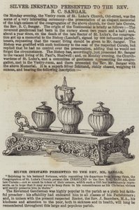 Srebrny kałamarz wręczony wielebnemu BC Sangarowi (grawerowanie) autorstwa English School