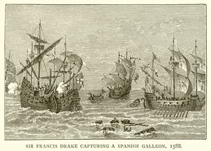 Sir Francis Drake chwytający hiszpański galeon, 1588 autorstwa English School
