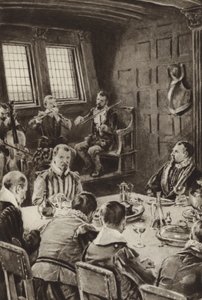Sir Francis Drake jedzący The Golden Hind przy dźwiękach skrzypiec autorstwa English School
