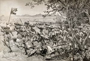 Sir Henry Morton Stanley i jego ludzie w końcu wyszli z lasu na łąkę w 1887 roku, podczas wyprawy ratunkowej Emina Paszy w Afryce. autorstwa English School