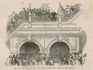 Sir Isambard Brunel wycofuje się z tunelu wśród wiwatów firmy autorstwa English School
