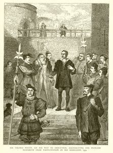 Sir Thomas Wyatt, w drodze na egzekucję, uniewinniający księżniczkę Elżbietę z udziału w swoim buncie, 1554 autorstwa English School