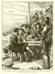 Sir Walter Raleigh na Trynidadzie, zdobywając informacje od żołnierzy hiszpańskich dotyczące Gujany, 1595 autorstwa English School