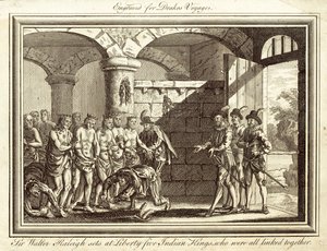 Sir Walter Raleigh uwalnia pięciu indyjskich królów, którzy byli ze sobą połączeni (rycina) autorstwa English School
