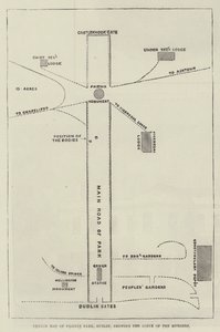 Szkicowa mapa Phoenix Park, Dublin, przedstawiająca scenę mordów (rycina) autorstwa English School