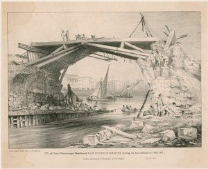 Szkic mostu Old London Bridge podczas jego rozbiórki w 1831, 1832 autorstwa English School