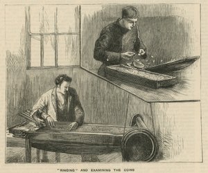 Szkice w Mennicy Królewskiej, Tower Hill; dzwonienie i sprawdzanie monet autorstwa English School
