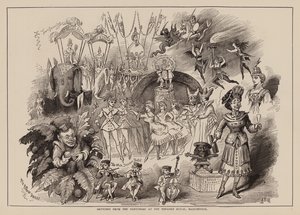 Szkice z pantomimy w Theatre Royal w Manchesterze (rycina) autorstwa English School