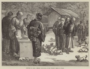 Szkice w Japonii, karmienie psów-szczeniaków w buddyjskiej świątyni Oyama (rycina) autorstwa English School
