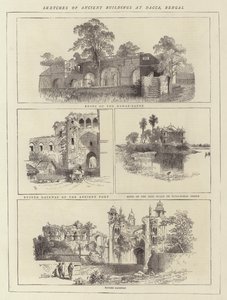 Szkice starożytnych budynków w Dacca, Bengal (grawerowanie) autorstwa English School