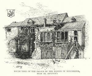 Widok południowy na Pałac Biskupów Winchester, w pobliżu Bazyliki Świętego Zbawiciela (rycina) autorstwa English School