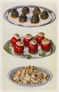 Szpinak A La Creme; Nadziewane pomidory; Sałatka warzywna (kolorowa) autorstwa English School