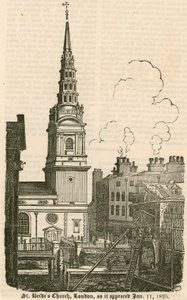 St Brides Church, Fleet Street, Londyn, jak wyglądał 11 stycznia 1825 autorstwa English School