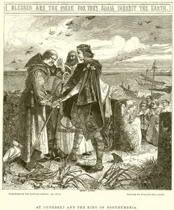 Św. Cuthbert i król Northumbrii autorstwa English School