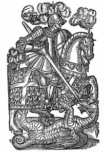 Święty Jerzy (zm. ok. 303 r.), rycerz Czerwonego Krzyża, zabijający smoka autorstwa English School