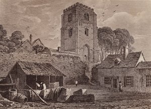 Kościół Mariacki pokazujący stary mur 1824 (litografia) autorstwa English School