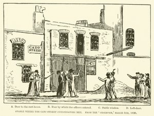 Stajnia, w której spotkali się spiskowcy z Cato Street, z „Obserwatora”, 5 marca 1820 (rycina) autorstwa English School