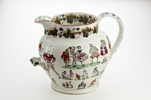 Dzbanek Staffordshire ozdobiony figurami Arlekina i motywem karnawałowym, 1866 (porcelana z Ironstone)