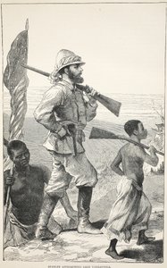 Stanley zbliża się do jeziora Tanganika, ilustracja z The Pictorial Edition of the Life and Discoveries of David Livingstone autorstwa J. Ewing Richie, wyd. przez A. Fullartona & Co., 1876 autorstwa English School