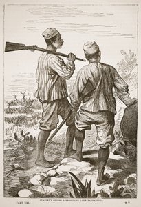 Przewodnicy Stanleya zbliżający się do jeziora Tanganika, ilustracja z The Pictorial Edition of the Life and Discoveries of David Livingstone autorstwa J. Ewing Richie, wyd. przez A. Fullartona & Co., 1876 autorstwa English School