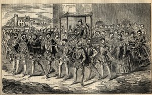 Postęp państwowy królowej Elżbiety - królowej Elżbiety I (1533-1603) z jej pośrednikami - Karolem, Lordem Howardem z Effingham; George Clifford, książę Cumberland; Thomas Butler, hrabia Ormonde; George Talbot, 7. hrabia Shrewsbury; Edward Somerset, hrabia  autorstwa English School