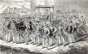 Stan postępu królowej Elżbiety, ilustracja z „Ilustrowanej historii Anglii Cassella” autorstwa English School