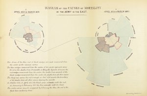 Wykres statystyczny wymyślony przez Florence Nightingale, aby pokazać przewagę chorób jako przyczynę śmiertelności w armii brytyjskiej podczas wojny krymskiej, kwiecień 1854 do marca 1855 i kwiecień 1855 do Ma autorstwa English School