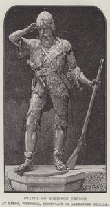Posąg Robinsona Crusoe, w Largo, Fifeshire, miejsce urodzenia Aleksandra Selkirka (rycina) autorstwa English School
