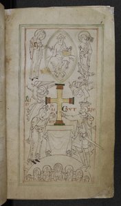 Stowe 944 f.6 King Cnut i jego królowa, Aelfgyfu, przedstawiający krzyż na ołtarzu nowego ministra, 