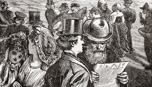 Scena uliczna w XIX-wiecznym Berlinie, Niemcy, z ilustrowanej historii świata Warda i Locka, wyd. ok. 1882 r. autorstwa English School