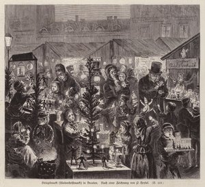 Jarmark bożonarodzeniowy Striezelmarkt, Drezno, Niemcy (grawerowanie) autorstwa English School